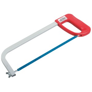 Archetto per metalli 300 mm con manico in plastica rossa e lama blu.