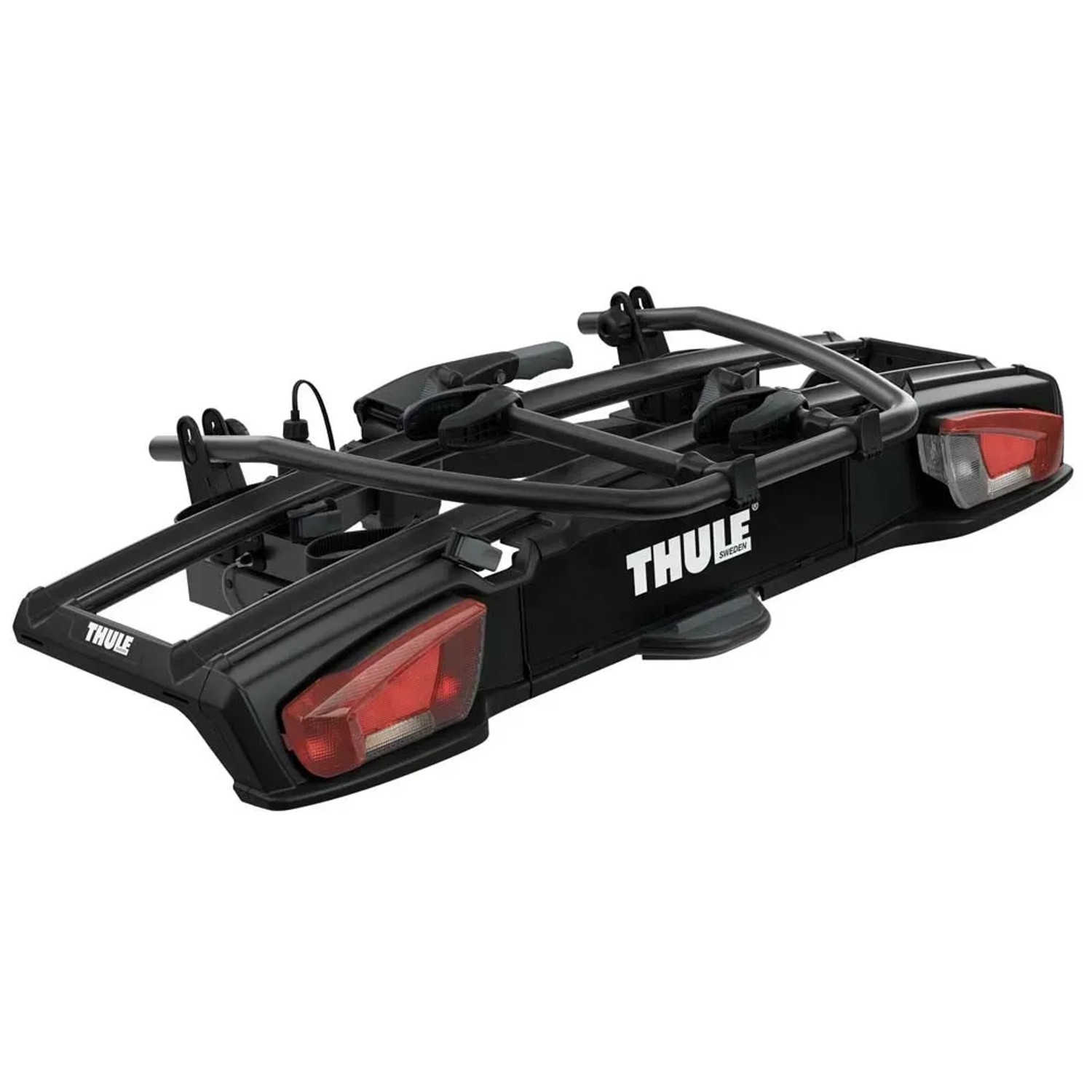 Portabici Thule nero per gancio traino, dettagli visibili.