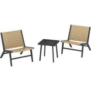 Set balcone Caddoa 3 pezzi, nero/naturale: 2 sedie e 1 tavolo per balcone o terrazza.