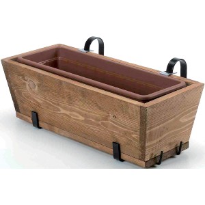 Fioriera da balcone in legno con inserto marrone e staffe nere.
