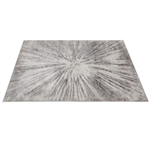 Tappeto moderno con motivo astratto a stella nei toni del grigio e bianco.