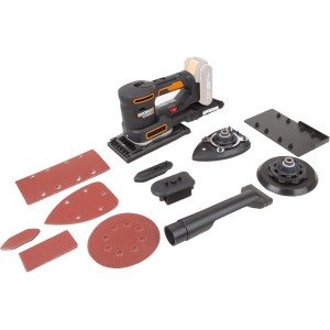 Levigatrice multifunzione a batteria Worx 20 V WX820.9 Solo con accessori, carta vetrata e aspirazione polvere.
