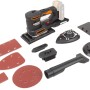 Levigatrice multifunzione a batteria Worx 20 V WX820.9 Solo con accessori, carta vetrata e aspirazione polvere.