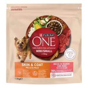 Crocchette per cani Purina ONE mini pelle e pelo manzo e riso 1,5 kg