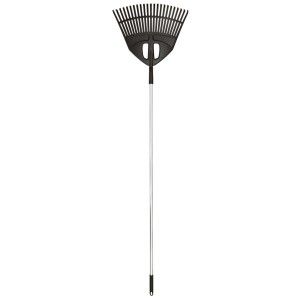 Rastrello per foglie con manico, nero, per giardinaggio e pulizia esterna.