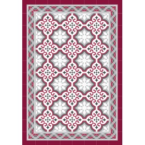Tovaglia decorativa t.b.t. con motivo floreale in rosso, grigio e bianco.