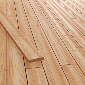 Tavole per terrazza in abete Douglas, superficie scanalata, aspetto legno naturale per esterni.