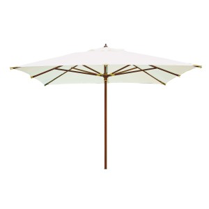 Ombrellone a braccio t.b.t. con telo chiaro e struttura in legno.