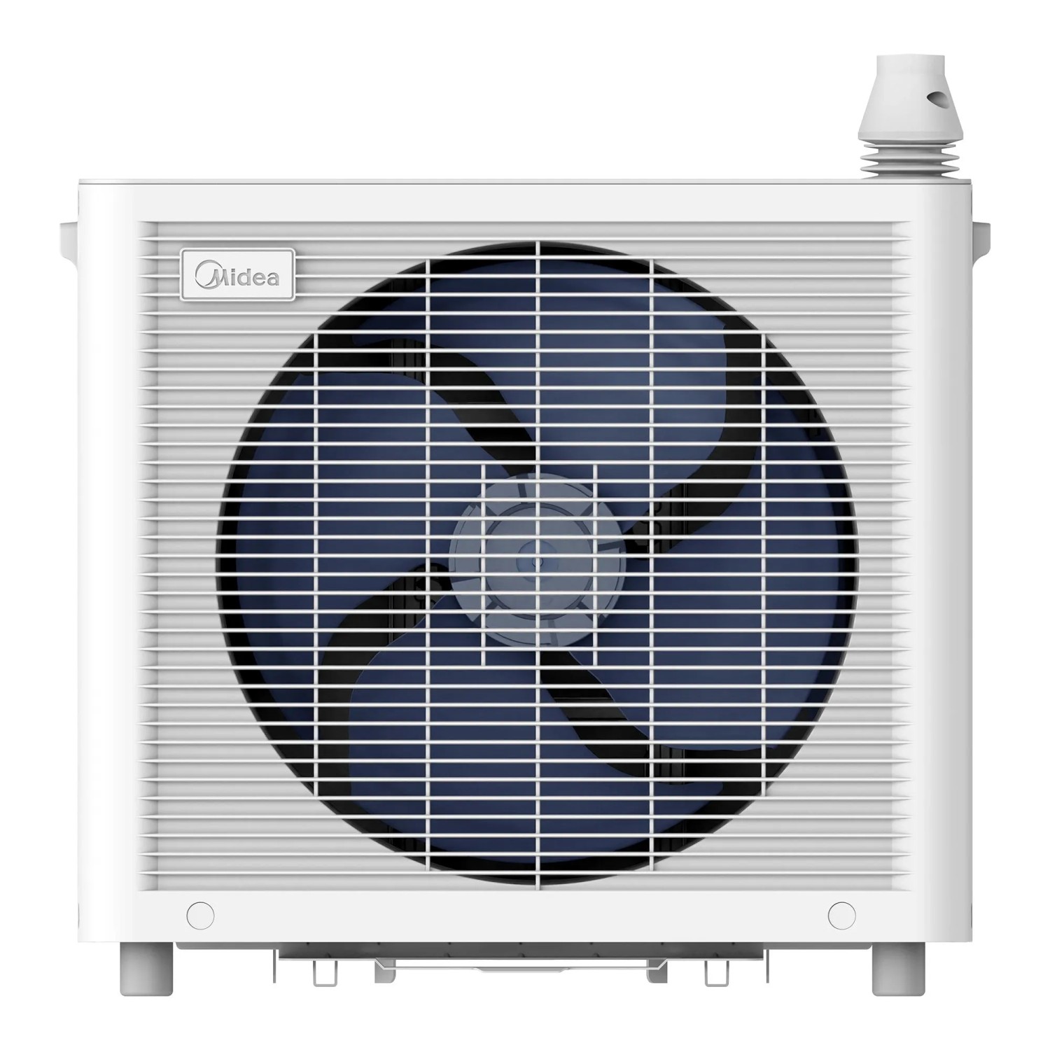 Condizionatore split portatile Midea PortaSplit Cool, bianco-grigio, unità esterna con griglia ventola blu.
