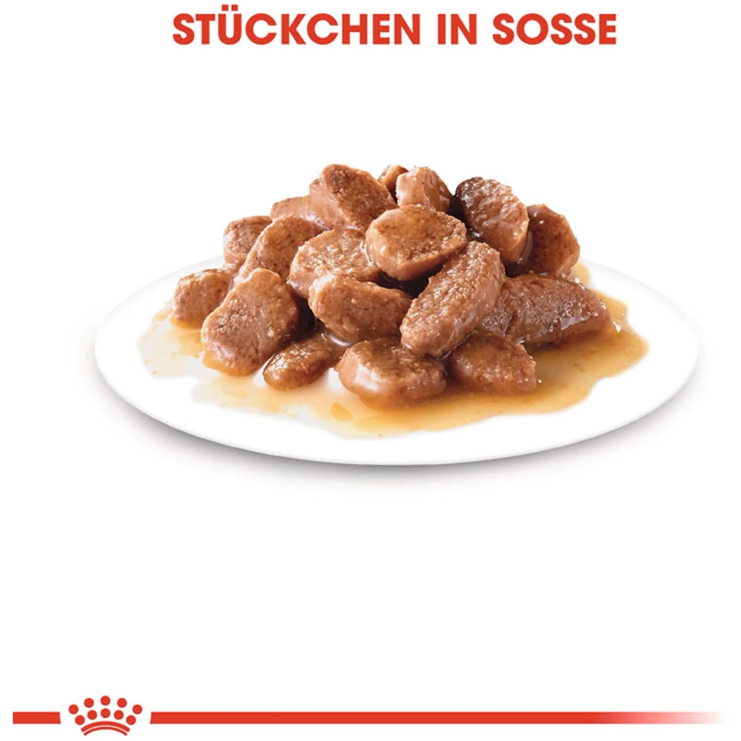 Royal Canin Hair & Skin Care cibo umido per gatti, pezzetti in salsa su un piatto.