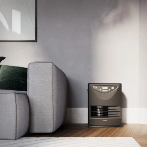 Stufa t.b.t. grigia accanto al divano nel soggiorno.