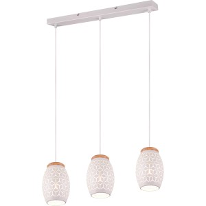 Lampada a sospensione Reality Bidar, 3 luci, bianco opaco con dettagli in legno. Lampada a sospensione moderna.