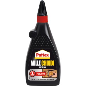 Pattex Mille Chiodi colla per legno in flacone nero con tappo rosso.
