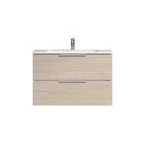 Mobile bagno in legno chiaro con due cassetti e rubinetto.