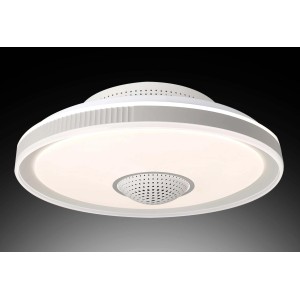 Plafoniera LED rotonda e moderna in bianco con elementi decorativi.