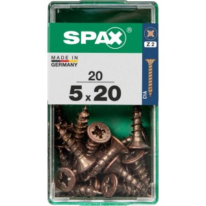 Viti per legno SPAX 5x20 mm in contenitore di plastica trasparente.