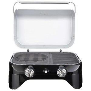 Barbecue a gas t.b.t. nero compatto con coperchio aperto e due manopole di controllo.