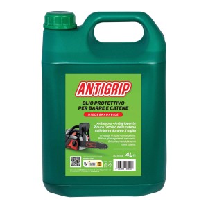 Tanica verde di olio per motoseghe. Protegge dall'usura e riduce l'attrito.