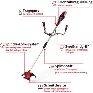 Einhell AGILLO 18/200-Solo: decespugliatore a batteria con impugnatura a due mani e tracolla.