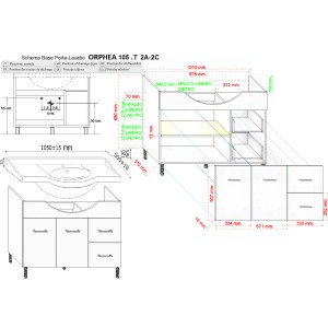 Disegno tecnico mobile bagno Orphea 105-T 2A-2C, misure e dettagli per l'arredo bagno.