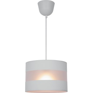 Lampada a sospensione bianca t.b.t. con paralume cilindrico per ambienti domestici.