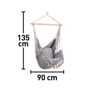 Sedia sospesa Lytton grigio/naturale, comoda sedia a dondolo con barra in legno e rivestimento in cotone per ore di relax.
