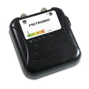 Dispositivo t.b.t. nero per accessori video con connessioni antenna e display LED.
