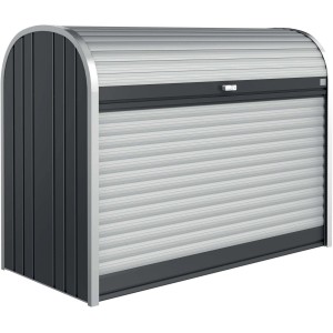 Biohort StoreMax 160 box da giardino in grigio scuro metallizzato con serranda e serratura a cilindro.