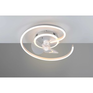 Plafoniera LED moderna con design a spirale e ventilatore integrato.