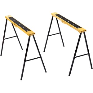 Due cavalletti pieghevoli in metallo LUX, piano giallo con gomma nera, ideali come banchi da lavoro.