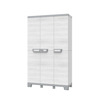 Armadio portautensili t.b.t. bianco con tre ante e dettagli grigi.