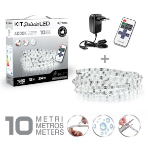Set striscia LED con telecomando, alimentatore e striscia LED da 10 metri.