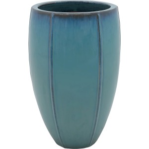 Vaso da fiori in terracotta blu con linee verticali.