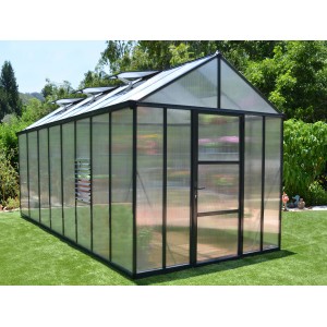 Serra Palram Canopia Glory, 4.8x2.5m, antracite, con pannelli alveolari, finestre sul tetto e laterali.