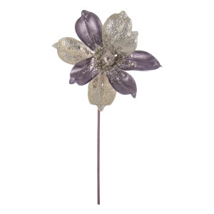 Fiore decorativo natalizio viola e oro con glitter.