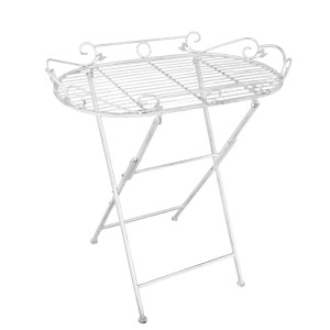 Tavolino laterale ovale in metallo bianco con design a filigrana. Pieghevole.