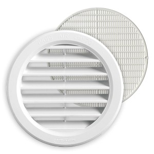 Griglia di areazione t.b.t. bianca, rotonda, con lamelle e griglia.