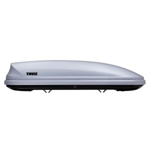 Box da tetto Thule grigia per il trasporto di bagagli e attrezzature.