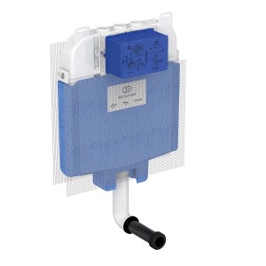 WC a cassetta t.b.t. con cassetta blu e tubo di scarico bianco.