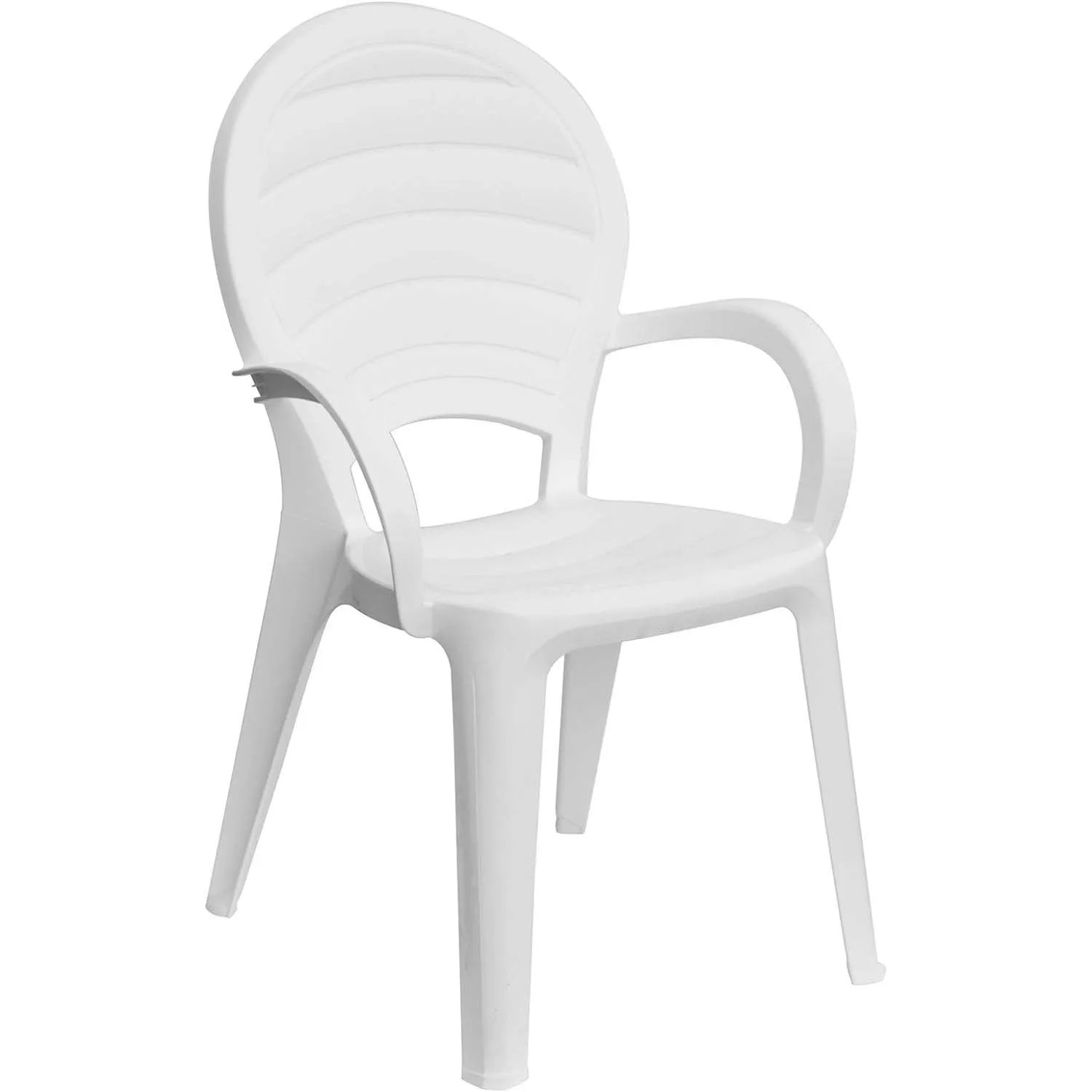 Sedia da giardino bianca con braccioli, ideale per l'uso esterno.