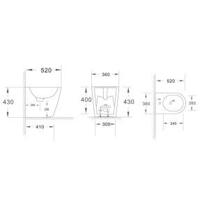 Disegno tecnico del bidet t.b.t. con dimensioni per l'installazione.