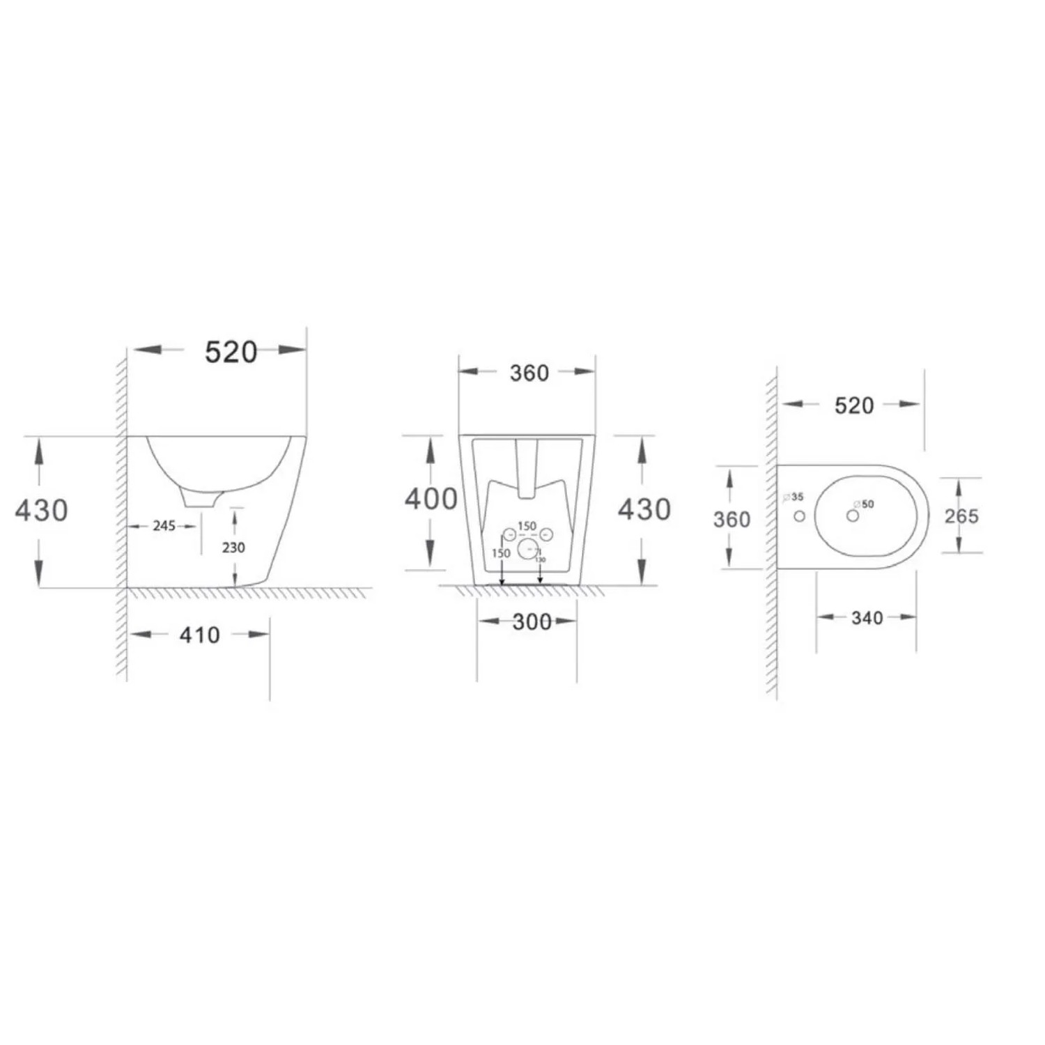 Disegno tecnico del bidet t.b.t. con dimensioni per l'installazione.