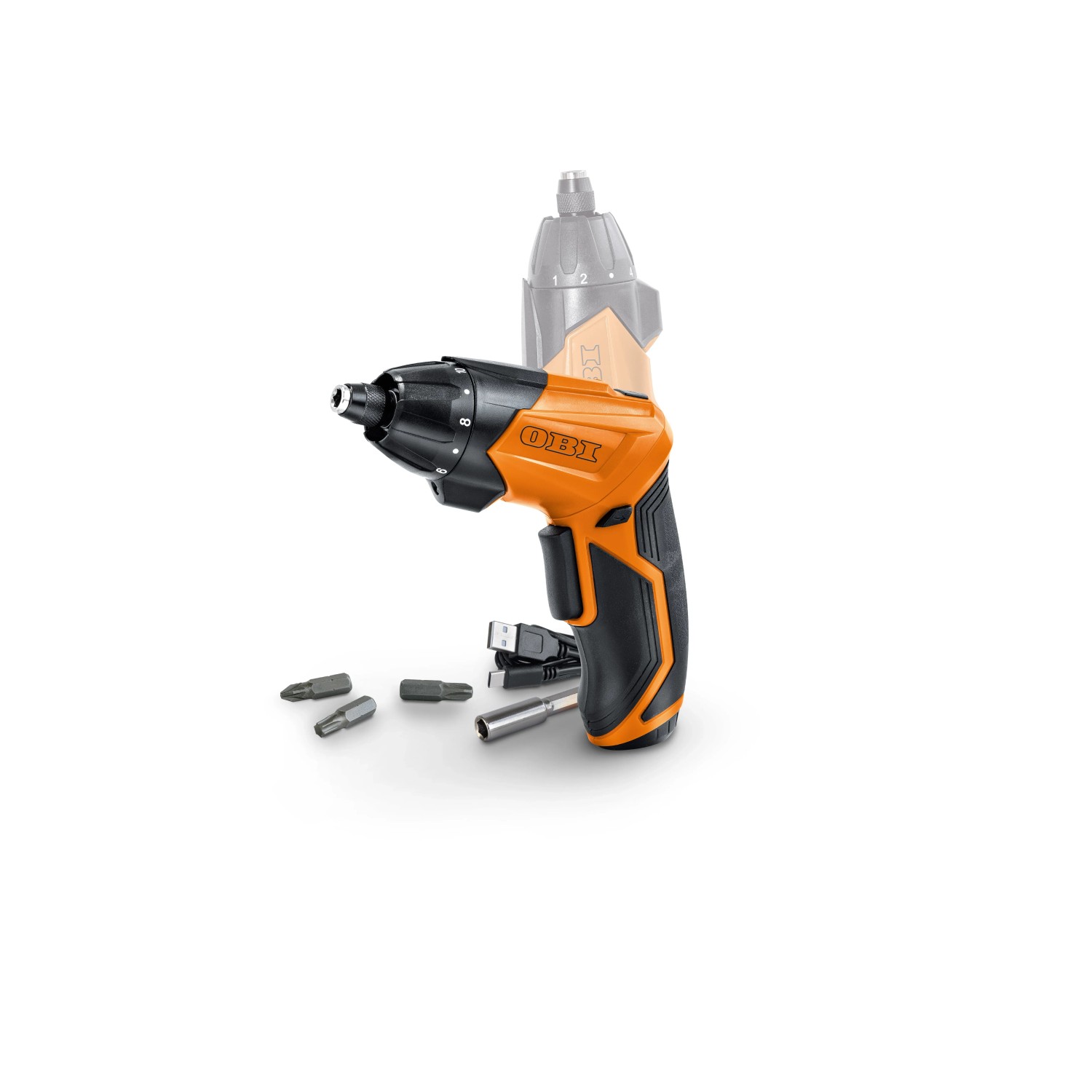Avvitatore a batteria OBI 3,6V con inserti e cavo di ricarica USB. Design compatto arancione e nero.