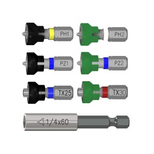 t.b.t. Set con diversi inserti per avvitatori (PH1, PH2, PZ1, PZ2, TX25, TX30) e portainserti.