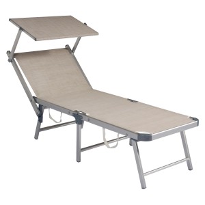 Lettino prendisole beige regolabile con tettuccio parasole per giardino o balcone.