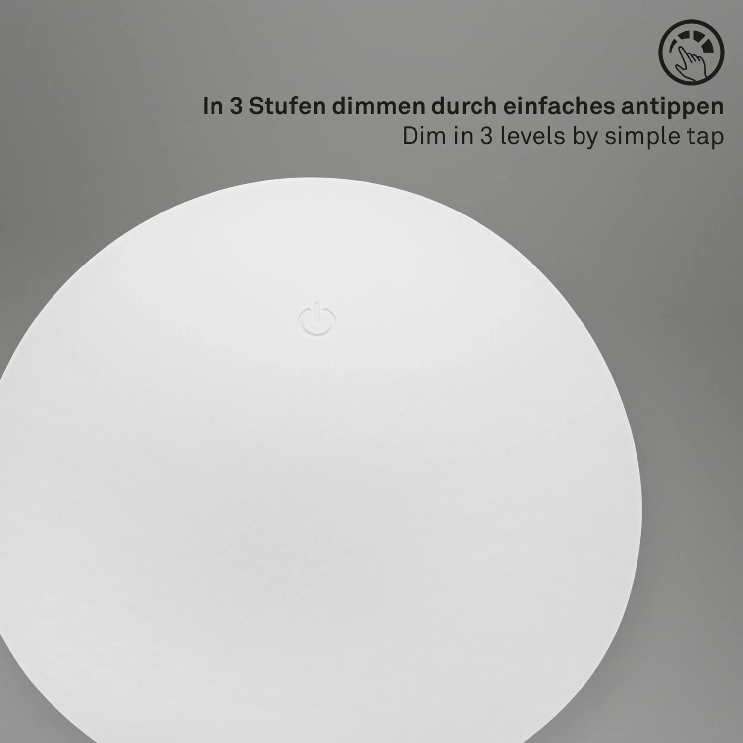 Dettaglio della lampada da tavolo a batteria bianca Brilo Fungo con dimmer touch.