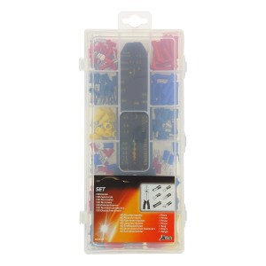 Assortimento di capicorda, puntalini e pinze per la riparazione auto.