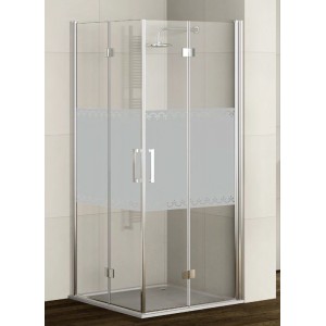 Box doccia angolare t.b.t. con vetro trasparente e telaio argentato.