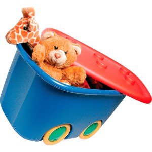 Funny Box blu 60L con coperchio rosso e giocattoli. Contenitore con ruote.