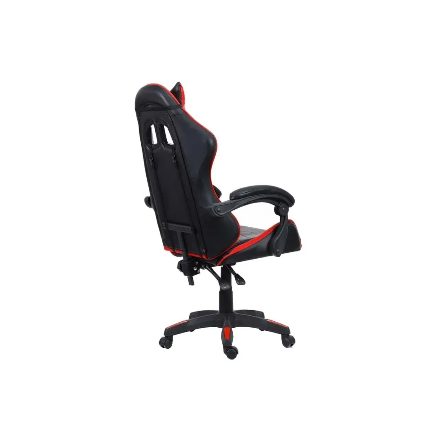 Sedia da gaming nera con dettagli rossi, vista posteriore.